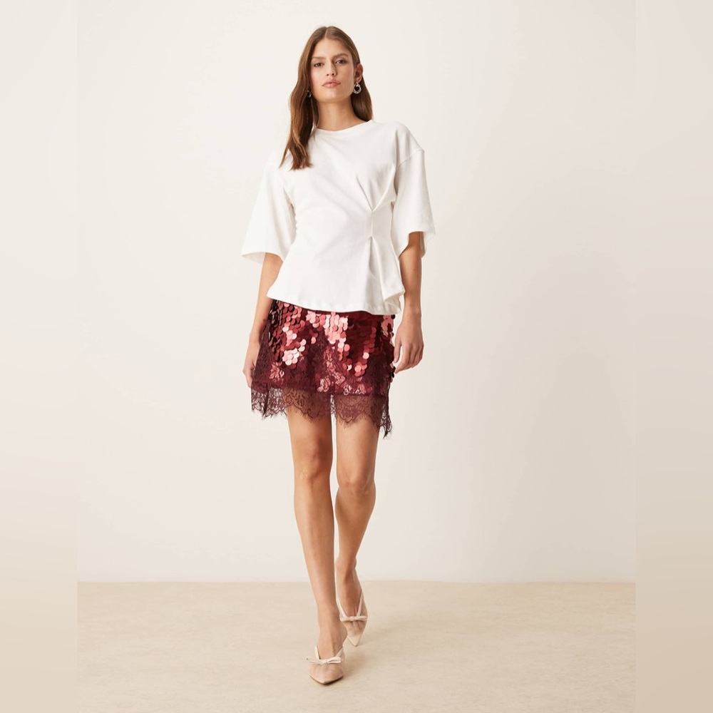Maeva Viral Mini Skirt - Sequins/Burgundy/Lace Trim by Never Fully Dressed NWT